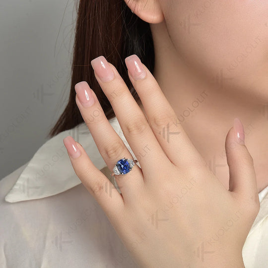 Kuololit 3CT Lab Blue Sapphire Engagement Ring for Women Solid 18K 14K 10K 585 Gold Half Moon Moissanite Ring for Christmas Gift