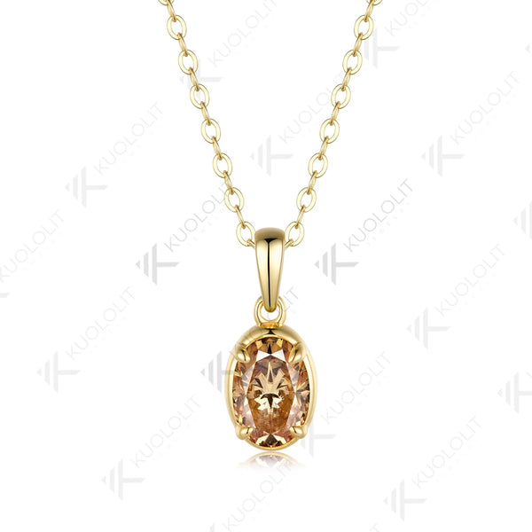 Kuololit 1.8CT Champagne Moissanite Necklace for Women Solid 14K 10K Yellow Gold Oval Cut Necklace for Engagement Christmas Gift