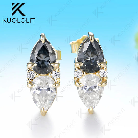 Kuololit 5CTW Gray Moissanite Custom Clip Earrings for Women Solid 14K 10K 585 Yellow Gold Pear Cut for Christmas Gifts Party