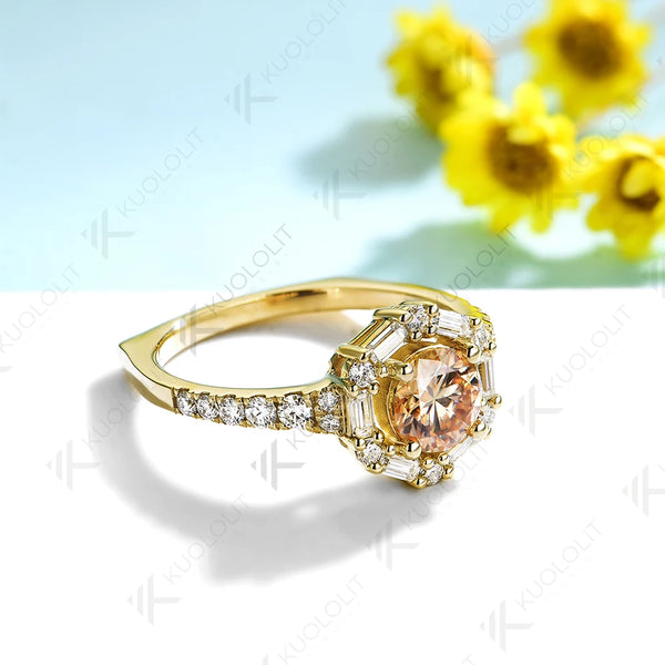 Kuololit 1CT Champagne Moissanite Ring for Women Solid 14K 10K 585 Yellow Gold European Shank Ring for Engagement Christmas Gift