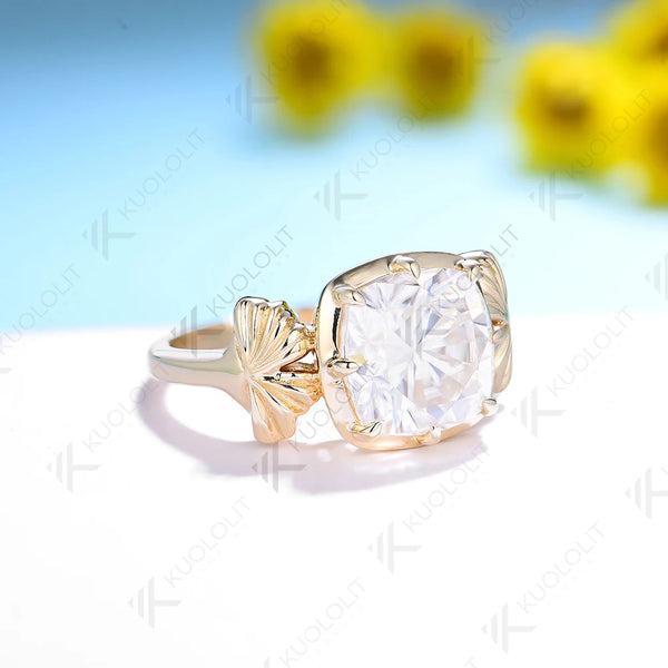 Kuololit 3.5ct Cushion Moissanite Ring for Women 585 14K 10K Yellow Gold Cushion Solitaire Halo Ring for Engagement Christmas