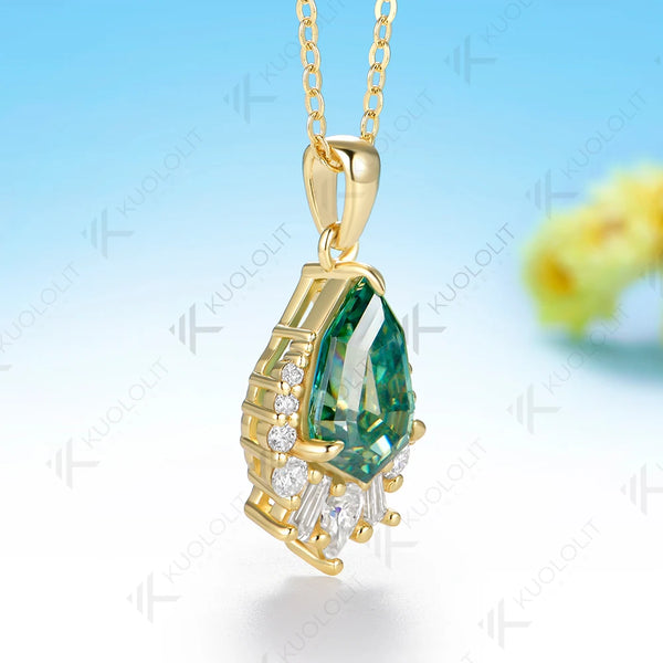 Kuololit 4CT Octagonal Pear Cyan Moissanite Necklace for Women Solid 14K 10K Yellow Gold Pedant for Christmas Party Gift Classic