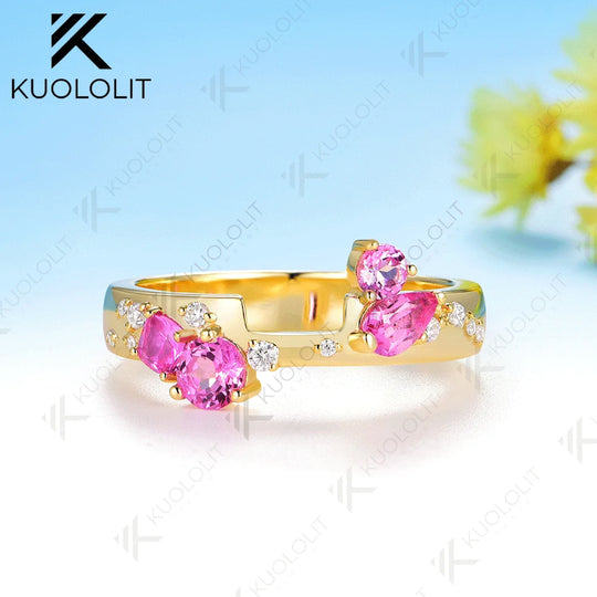 Kuololit Lab Grown Pink Sapphire Moissanite Ring for Women Men Solid 10K 14K Yellow Gold for Anniversary Christmas Gifts Party