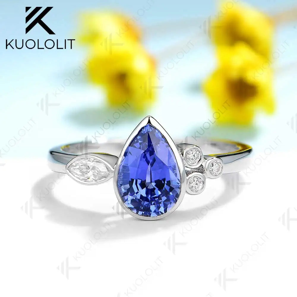 Kuololit 1.6CT Lab Grown Blue Sapphire with Moissanite Ring for Women Solid 18K 14K 10K 585 Yellow Gold Ring for Christmas Gifts