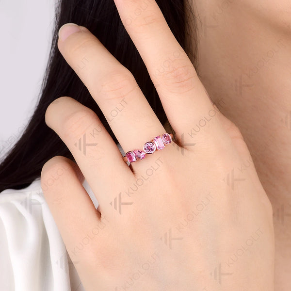 Kuololit 1.7CTW Lab Grown Pink Sapphire Ring for Women Solid 14K 10K 585 Yellow Gold Eternity Half Band for Christmas Gift Party