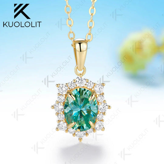Kuololit 2CT Cyan moissanite Custom Necklace for Women Solid 585 14K 10K Yellow Gold Oval Necklace for Christmas Gifts Party