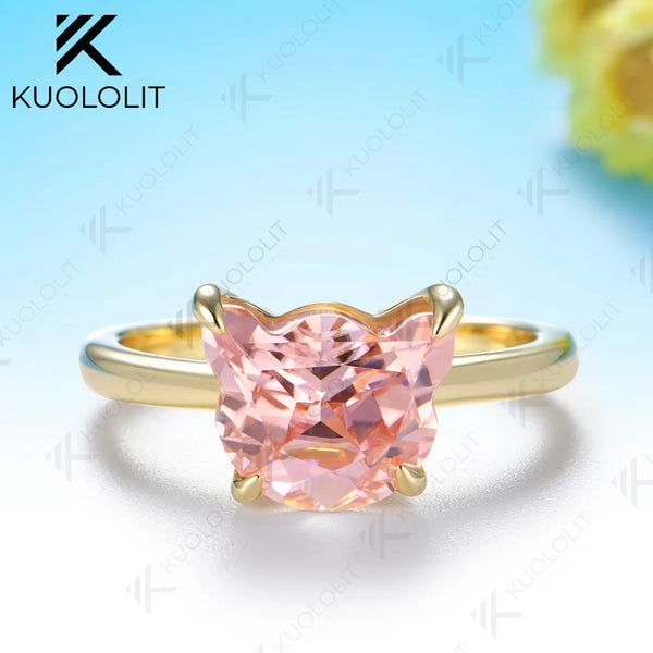 Kuololit 3.2CT Pink Moissanite Custom Ring for Women Solid 14K 10K 585 Yellow Gold Cat for Christmas Gift Engagement Anniversary