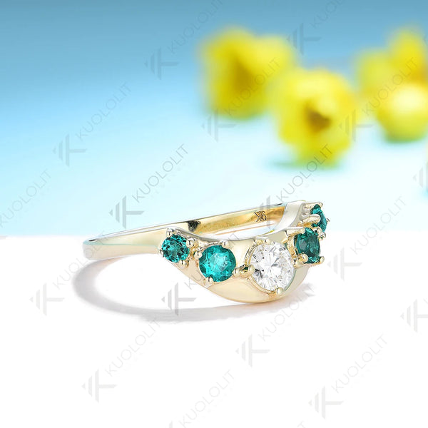 Kuololit 0.6CTW Moissanite with Lab Grown Emerald Rings for Women White Gold Solid18K 14K 10K Gold Enhancing Band for Engagement