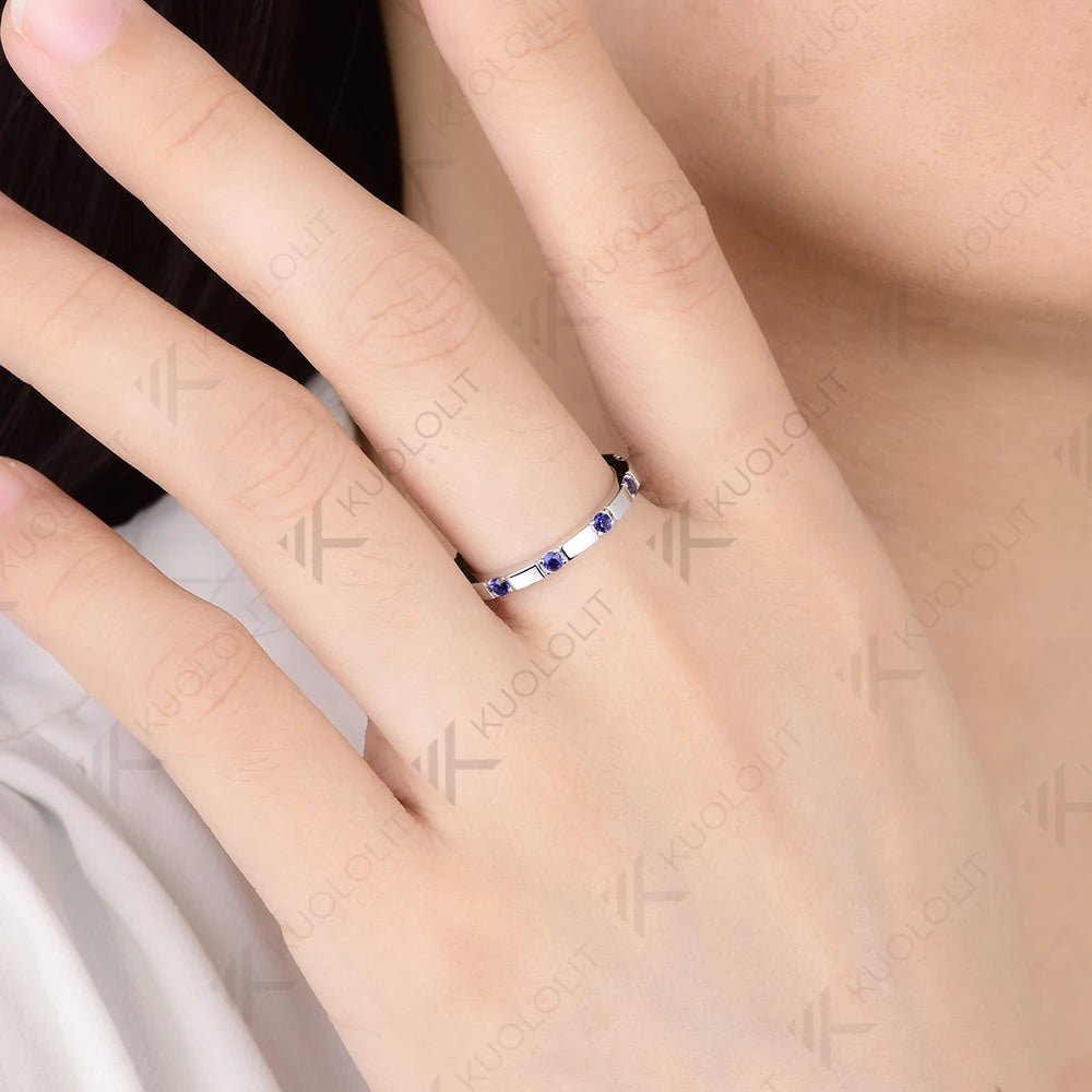 Kuololit 0.3CTW Lab Grown Blue Sapphire Band for Men Women Solid 18K 14K 10K Gold White Gold Engagement Ring for Christmas Gifts