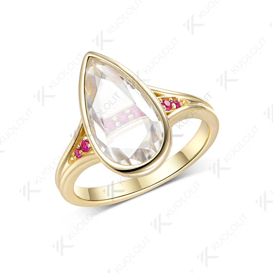 Kuololit 4CT Unique Portrait Pear Cut Moissanite Ruby or Sapphire RCustom Ring for Women Solid 14K 10K Yellow Gold for Engagement Christmas