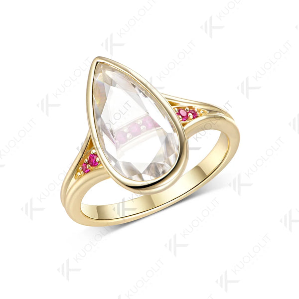 Kuololit 4CT Unique Portrait Pear Cut Moissanite Ruby or Sapphire RCustom Ring for Women Solid 14K 10K Yellow Gold for Engagement Christmas