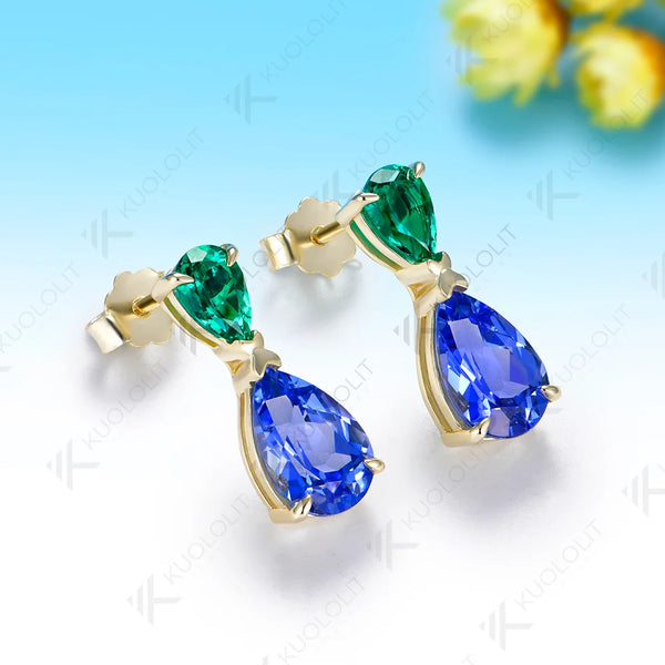 Kuololit 4CTW Lab Grown Emerald Sapphire Clip Earrings for Women Solid 14K 10K 585 Yellow Gold Rhombus Cut for Christmas Gifts