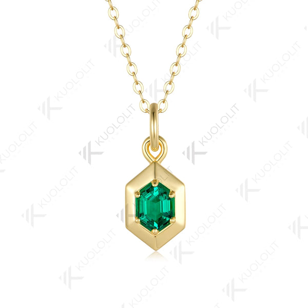 Kuololit 1CT Each Lab Emerald Hexagon Cut Custom Necklace for Women Solid 585 14K 10K Yellow Gold Necklace for Christmas Gift