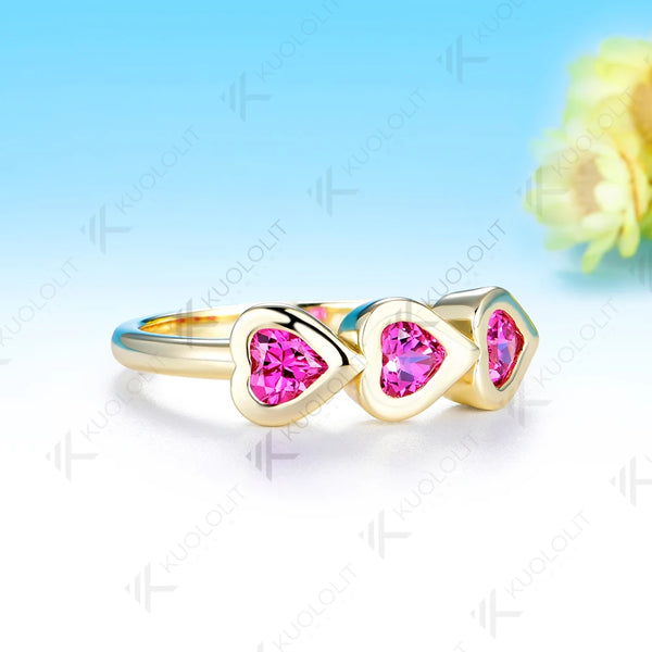 Kuololit 1CTW Heart Lab Grown Pink Sapphire Ring for Women Solid 14K 10K 585 Yellow Gold for Christmas Gifts Anniversary Jewelry