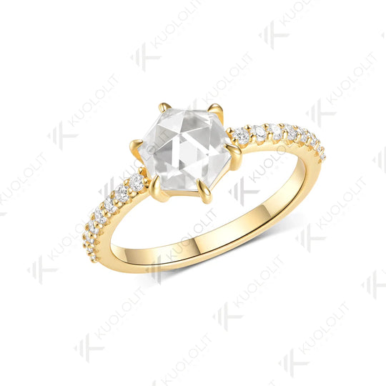 Kuololit 1.5CT Hexagon Rose Cut Moissanite Ring for Women Solid14K10K 585 Yellow Gold Engagement Ring for Anniversary Christmas