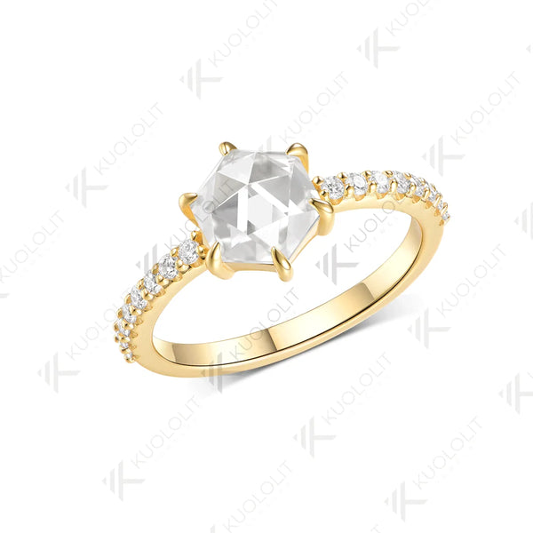 Kuololit 1.5CT Hexagon Rose Cut Moissanite Ring for Women Solid14K10K 585 Yellow Gold Engagement Ring for Anniversary Christmas