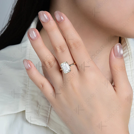 Kuololit 4.5CT Eemerald Cut Moissanite Europe Shank Ring for Women Solid 14K 10K Yellow Gold for Christmas Gift Party Engagement