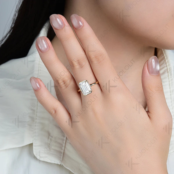 Kuololit 4.5CT Eemerald Cut Moissanite Europe Shank Ring for Women Solid 14K 10K Yellow Gold for Christmas Gift Party Engagement
