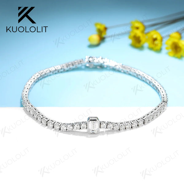 Kuololit 4.58CTW Moissanite Tennis Bracelets for Women Men 14K 10K 585 Solid Gold Silver Emerald Cut  for Engagement Christmas