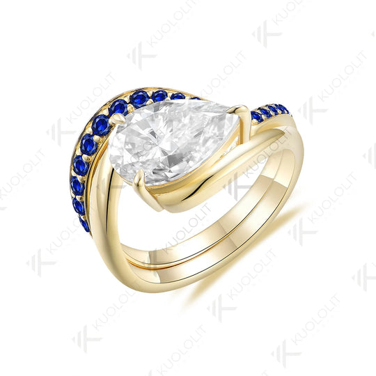 Kuololit 3CT Moissanite Engagement Ring for Women Solid 14K 10K 585 Yellow Gold Lab Blue Sapphire Pear Set Ring for Christmas