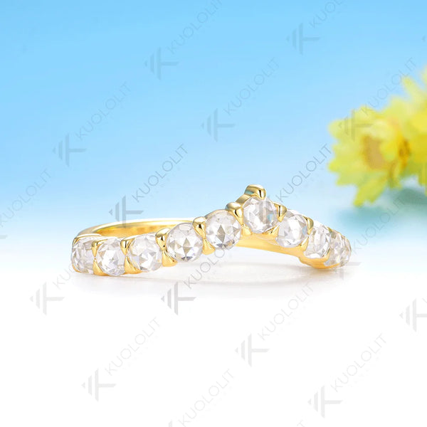 Kuololit 1.1CTW Rose Cut Moissanite V Ring for Women Solid 585 14K 10K Gold Wedding Band Ring for Anniversary Gifts Christmas