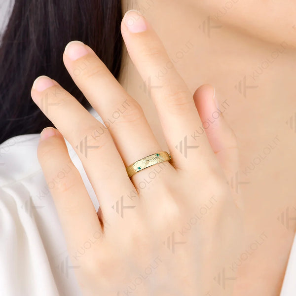 Kuololit 0.1CTW Lab Grown Emerald Band Custom Ring for Women Solid 14K 10K 585 Yellow Gold Leaf Ring for Christmas Gifts Party