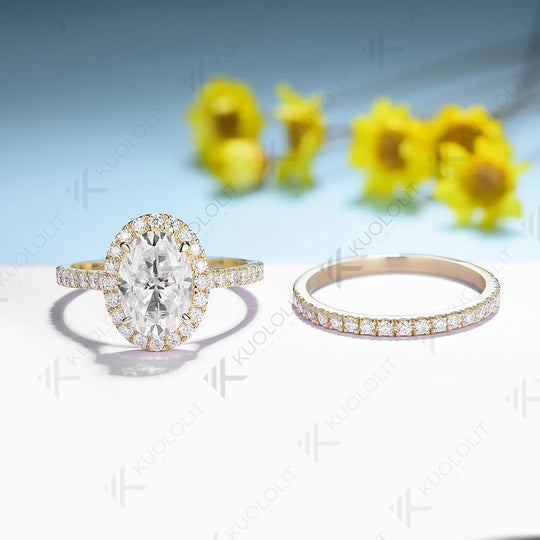 Kuololit 3CT Oval Cut Moissanite Set Ring for Women Solid 18K 14K 10K 585 Yellow Gold Band for Engagement Wedding Christmas