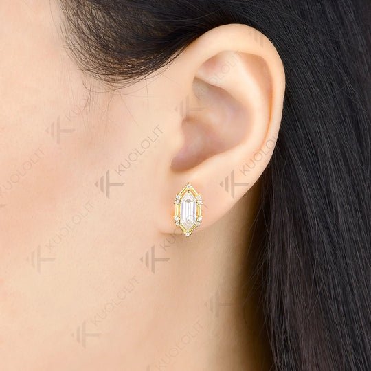 Kuololit 3CT Elongate Hexagon White Champagne Moissanite Custom Stud Earrings for Women Solid 14K 10K 585 Yellow Gold for Christmas Gifts Party