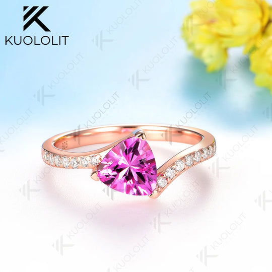 Kuololit 1.2CT Trillyon Pink Sapphire Engagement Ring for Women Solid 18K 14K 10K 585 Rose Gold Moissanite Ring for Christmas