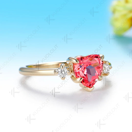 Kuololit 1CT Lab Grown Pink Sapphire Diamonds Custom Ring for Women Solid 14K 10K 585 Yellow Gold Heart for Christmas Gift Party