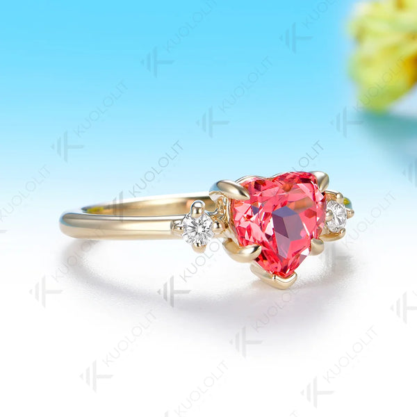 Kuololit 1CT Lab Grown Pink Sapphire Diamonds Custom Ring for Women Solid 14K 10K 585 Yellow Gold Heart for Christmas Gift Party