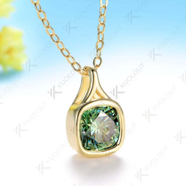Kuololit 2CT Cyan Moissanite Lab Grown Alexandrite Cushion Cut Necklace for Women Solid 925 10k 14k Yellow Gold Necklace for Engagement Christmas Gift