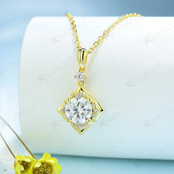 Kuololit 585 14K 10K Solid Gold 925 Silver Moissanite Necklaces for Women Flower Shape Pendant for Wedding Engagement With Chain
