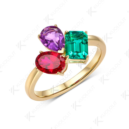 Kuololit 3CTW Lab Grown Emerald Ruby and Natural Amethyst Rings for Women Solid 14K 10K 585 Yellow Gold for Christmas Engagement