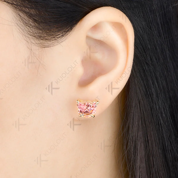 Kuololit 6.4CTW Pink Moissanite Custom Stud Earrings for Women Solid 14K 10K 585 Yellow Gold Cat Cut for Christmas Gifts Party