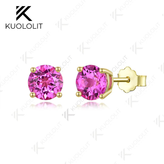 Kuololit 2.2CTW Lab Grown Padparadscha Gemstone Earrings for Women Pure 18K 14K 10K Gold Stub Trillyon Earrings for Anniversary