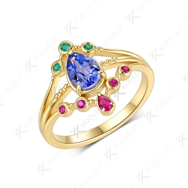 Kuololit Lab Grown Sapphire Ruby Emerald Gemstone Ring for Women Solid 14K 10K Yellow Gold Engagement for Christmas Gifts Party