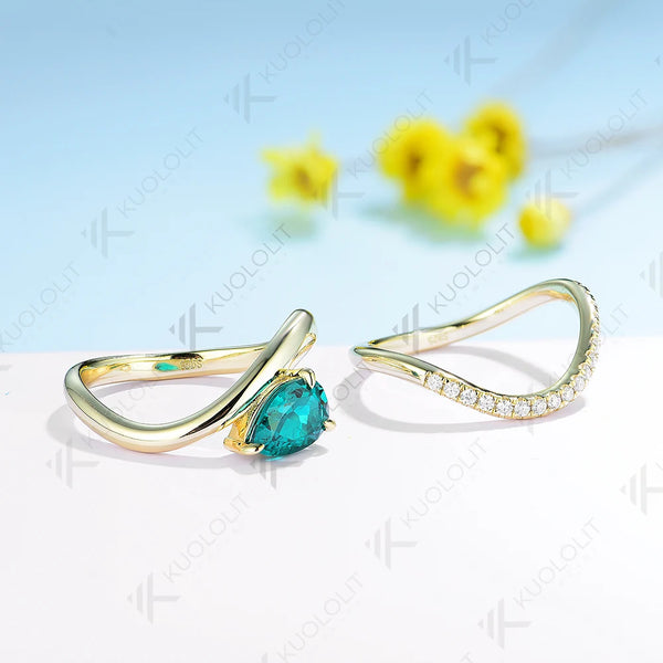 Kuololit 1.5CT Pear Cut Lab Grown Emerald Sets Engagement Rings for Men Women Solid 10K 14K 18K Gold For Wedding Christmas Gift
