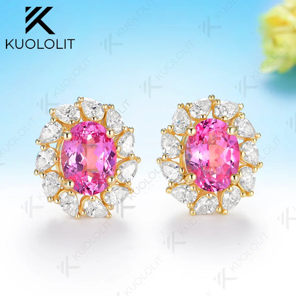 Kuololit 3.6CTW Lab Pink Sapphire Custom Stud Earrings for Women Solid 14K 10K 585 Yellow Gold Pear Cut for Christmas Gift Party