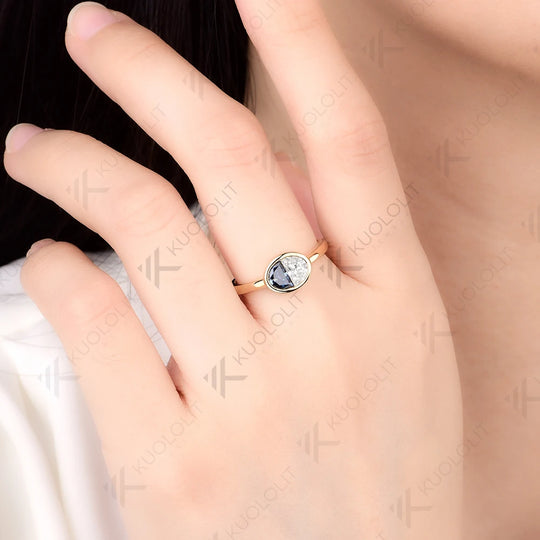 Kuololit 0.9CTW Two Half Blue Moissanite Over Ring Women Solid14K 10K 585 Yellow Gold Engagement for Christmas Gift Anniversary
