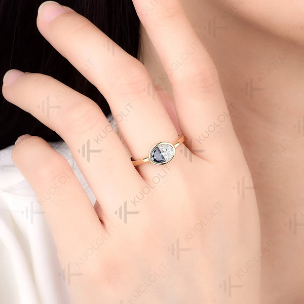 Kuololit 0.9CTW Two Half Blue Moissanite Over Ring Women Solid14K 10K 585 Yellow Gold Engagement for Christmas Gift Anniversary