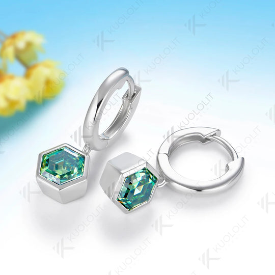 Kuololit 3CTW Cyan Moissanite Hexagon Earrings for Women Solid 14K 10K Yellow Gold Hoop Clip Earrings for Christmas Gifts Party
