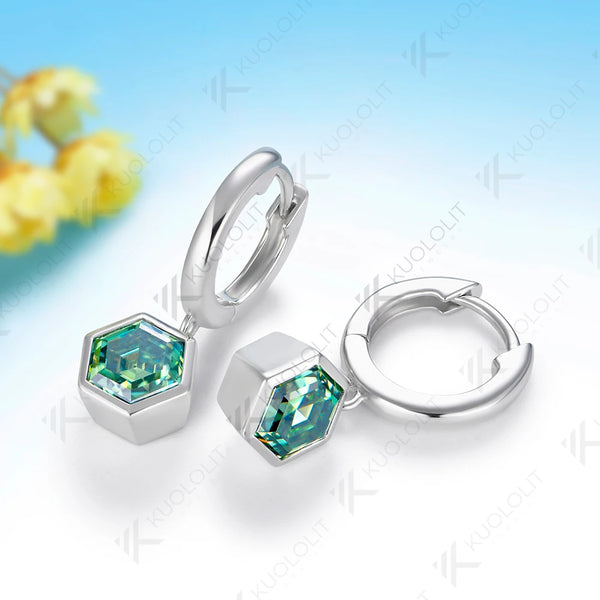 Kuololit 3CTW Cyan Moissanite Hexagon Earrings for Women Solid 14K 10K Yellow Gold Hoop Clip Earrings for Christmas Gifts Party