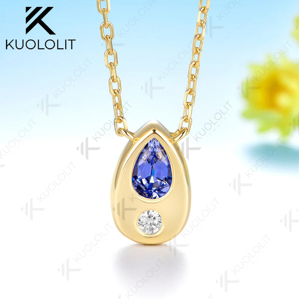 Kuololit Lab Grown Sapphire Diamonds  Necklace for Women Solid 14K 10K Yellow Gold  Pedant for Engagement Christmas Gifts New