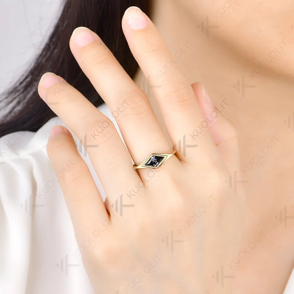 Kuololit 0.9CT Grey Moissanite Custom Rhombus Ring for Women Solid 14K 10K 585 Yellow Gold for Engagement Christmas Gifts Party