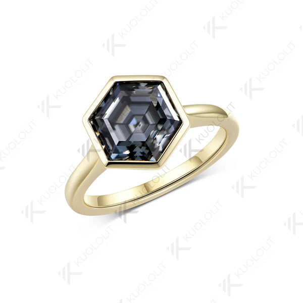 Kuololit 4CT Grey Moissanite Hexagon Cut Custom Set Ring for Women Solid 14K 10K 585 Yellow Gold Ring for Christmas Gifts Party