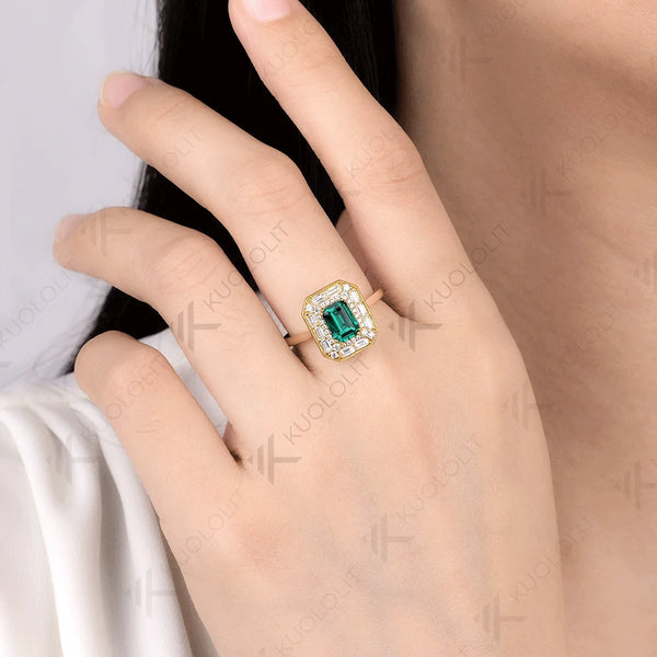 Kuololit 1ct Lab Grown Emerald Moissanite Ring for Women Solid 14K 10K 585  Yellow Gold Engagement Ring for Christmas Gift Party