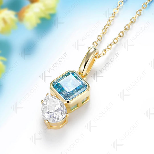 Kuololit 3CTW Cyan Moissanite Pear Asscher Cut Custom Necklace for Women Solid 585 14K 10K Yellow Gold for Christmas Gifts Party