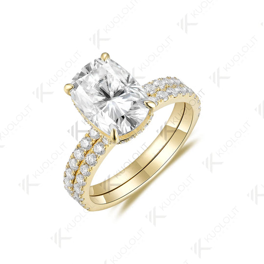 Kuololit 4CT Cushion Cut Moissanite Set Ring for Women Solid 18K 14K 10K 585 Yellow Gold Band for Engagement Wedding Christmas