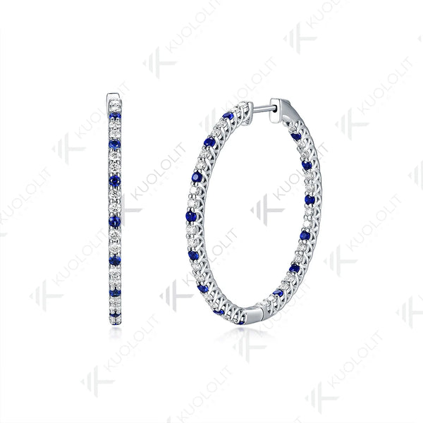 Kuololit Lab Blue Sapphire Moissanite Hoop Earrings for Women Solid 14K 10K 585 Gold Alternate Gemstone Earrings for Christmas